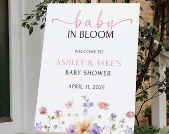 Placa de chá de bebê impressa e enviada Placa de boas-vindas para chá de bebê com flores silvestres Placa de bebê em flor Decoração para chá de bebê de menina