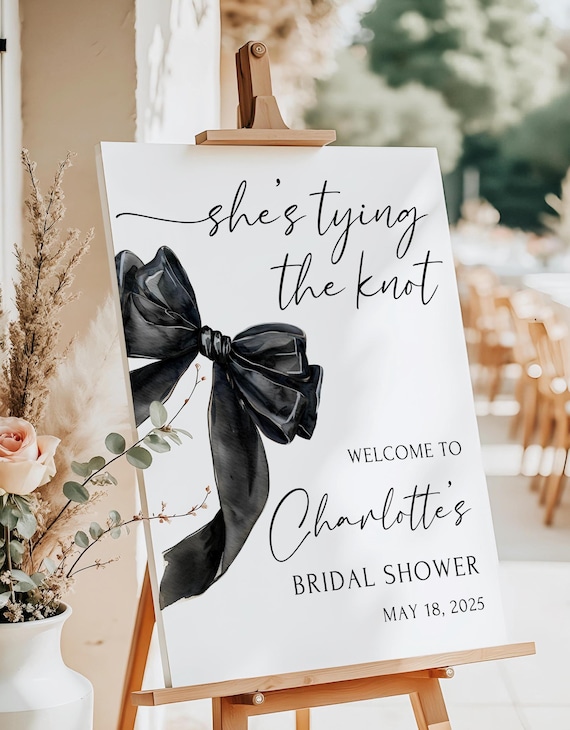 Black Bow Bridal Shower Sign She's Tying the Knot Bridal Shower Welcome Sign Bow Bridal Shower Poster Bridal Shower Welcome Sign Printed