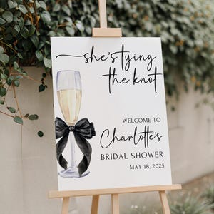 Printed and Shipped Black Bow Bridal Shower Sign She&#39;s Tying the Knot Bridal Shower Welcome Sign Bow Bridal Shower Poster