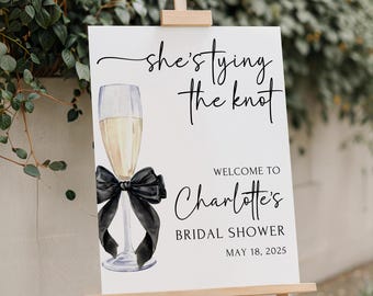 Printed and Shipped Black Bow Bridal Shower Sign She's Tying the Knot Bridal Shower Welcome Sign Bow Bridal Shower Poster