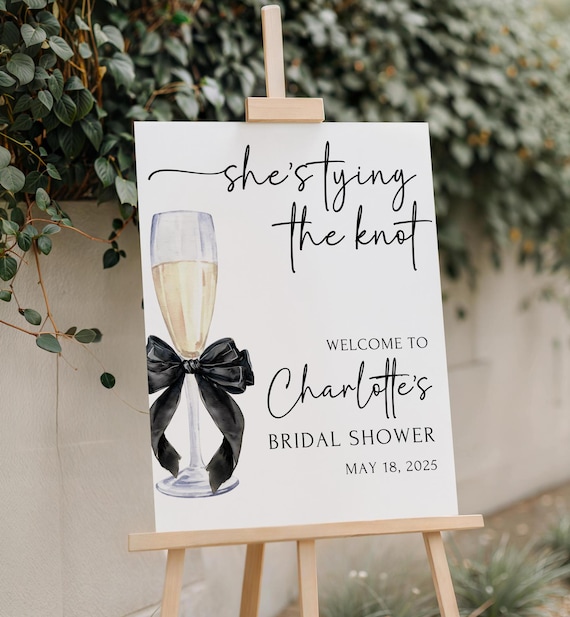 Printed and Shipped Black Bow Bridal Shower Sign She's Tying the Knot Bridal Shower Welcome Sign Bow Bridal Shower Poster