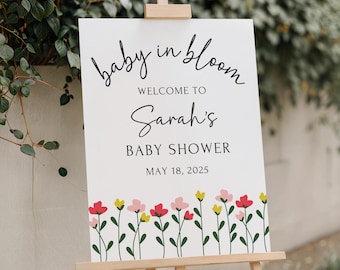 Placa de chá de bebê impressa e enviada Placa de boas-vindas para chá de bebê com flores silvestres Placa de bebê em flor Decoração para chá de bebê de menina