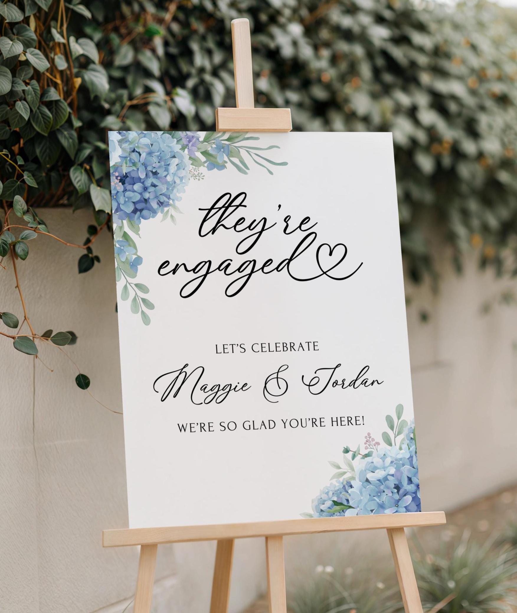 Signs About Getting Engaged Engagement Party Sign They're Engaged Sign Blue Hydrangea Engagement ...