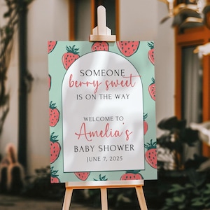 Cartello di benvenuto per baby shower a forma di fragola, stampato e spedito, cartello di benvenuto modificabile con scritta &quot;Berry Sweet Baby&quot;, cartello &quot;Berry Sweet&quot;, baby shower alla frutta