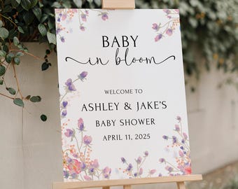 Placa de chá de bebê impressa e enviada Placa de boas-vindas para chá de bebê com flores silvestres Placa de bebê em flor Decoração para chá de bebê de menina