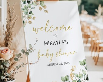 Baby Shower Welcome Sign, Greenery Baby Shower Sign, Eucalyptus Welcome Sign Baby Shower, Greenery Baby Shower Poster, PRINTED AND SHIPPED