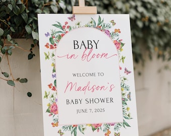 Placa de chá de bebê impressa e enviada Placa de boas-vindas para chá de bebê com flores silvestres Placa de bebê em flor Decoração para chá de bebê de menina