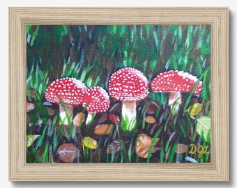 Herbst Pilz Original Gemälde 13x18 cm auf Leinwand Brett