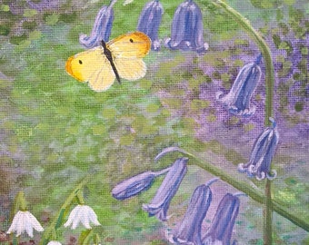 Bluebells and butterfly small acrylic painting