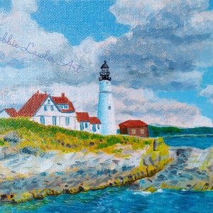 Faro 5x7&quot; pintura acrílica original, Portland Head Light, Maine