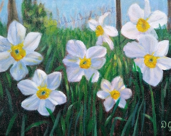 Narcisos blancos; Pintura de flores de primavera; 21x30cm (8,3x11,7 pulgadas); Pintura acrílica; Pintado a mano