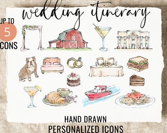 Watercolor wedding itinerary icons, custom hand drawn PNG, digital files