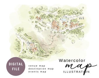 Watercolor Custom Wedding Map Illustration, Personalized Map Illustration, Event Map, Destination Wedding, Location Map