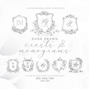 Monogram Wedding Crest, Custom Wedding Logo, Hand Drawn Floral Monogram, Personalised Sketch, Logo Design, Floral Crest, Monogram Design