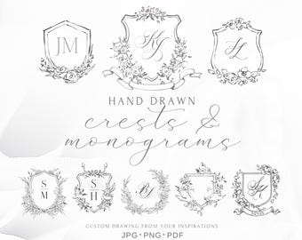 Monogram Wedding Crest, Custom Wedding Logo, Hand Drawn Floral Monogram, Personalised Sketch, Logo Design, Floral Crest, Monogram Design