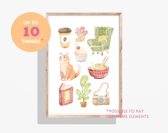 Custom our favorite things, personalised favorite things watercolor drawing, hand drawn digital file