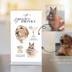 watercolor pet portraits and signature drinks on wedding table sign. Watercolor drawing of the pet bunny and golden retriever dog