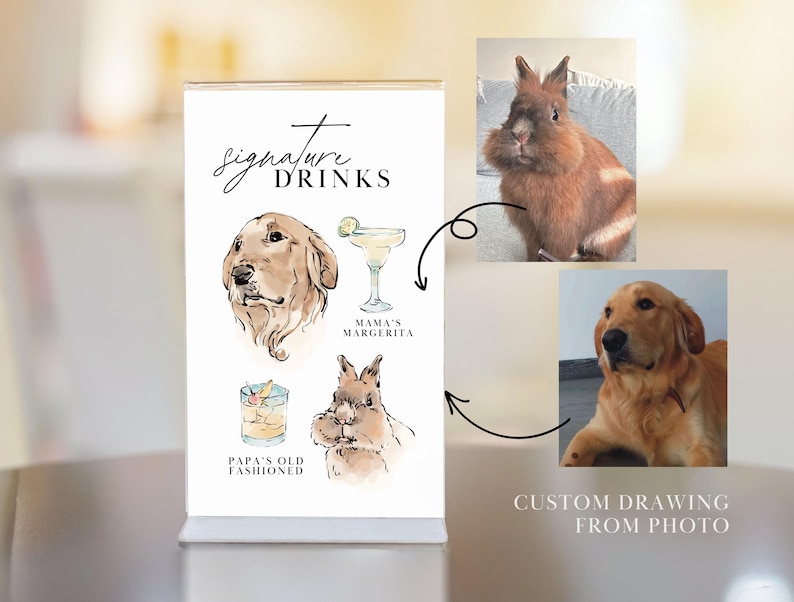 watercolor pet portraits and signature drinks on wedding table sign. Watercolor drawing of the pet bunny and golden retriever dog