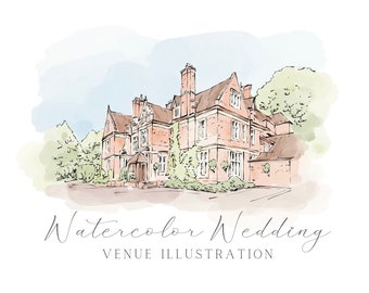 Wedding Venue Watercolor Illustration, Personalised Wedding Gift, Venue Drawing for Wedding Invitations, Painting from Photo, Couples Gift