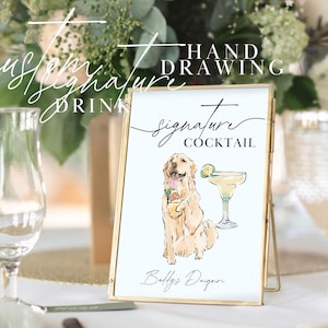 wedding sign with watercolor dog portrait and signature drink, dog holding cocktail glass