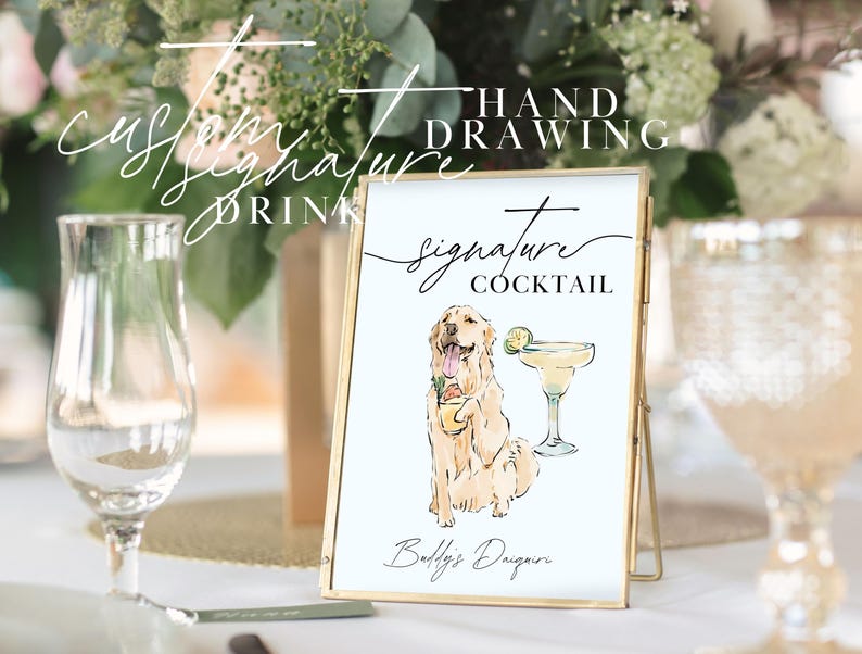 wedding sign with watercolor dog portrait and signature drink, dog holding cocktail glass
