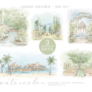 Aquarel trouwlocatie illustratie, locatietekening van foto, buitenbruiloft, bestemming bruiloft, aquarel schilderen, gangpad bruiloft