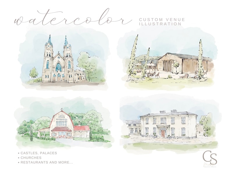 Watercolor Wedding Venue Illustration, Custom Venue Drawing, Hand Drawn from Photo, Couple Gift, 1st Anniversary Gift, Watercolor Painting image 3