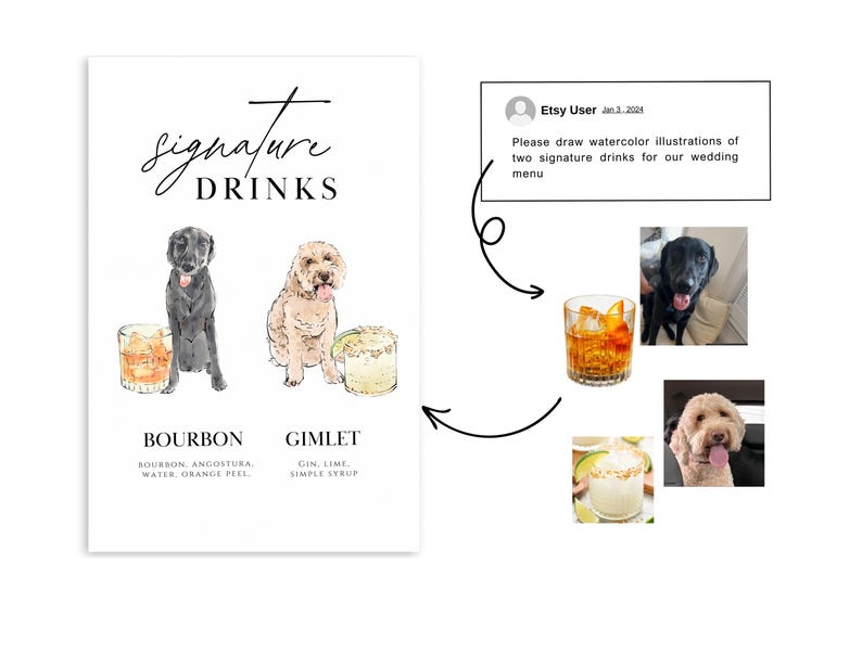 May include: A watercolour illustration of two signature drinks for a wedding. The first drink is a bourbon with a black labrador retriever illustration. The second drink is a gimlet with a golden doodle illustration. The text reads "signature drinks", "bourbon", "bourbon, angostura, water, orange peel", "gimlet", "gin, lime, simple syrup".
