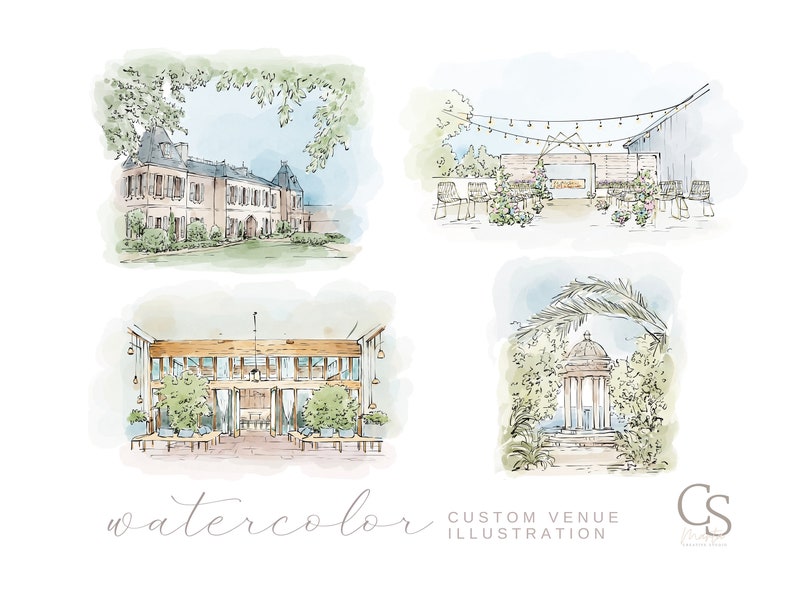 Watercolor Wedding Venue Illustration, Custom Venue Drawing, Hand Drawn from Photo, Couple Gift, 1st Anniversary Gift, Watercolor Painting image 4