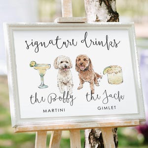 wedding frame with digital watercolor portrait of two dogs and signature drinks, martini and gimlet