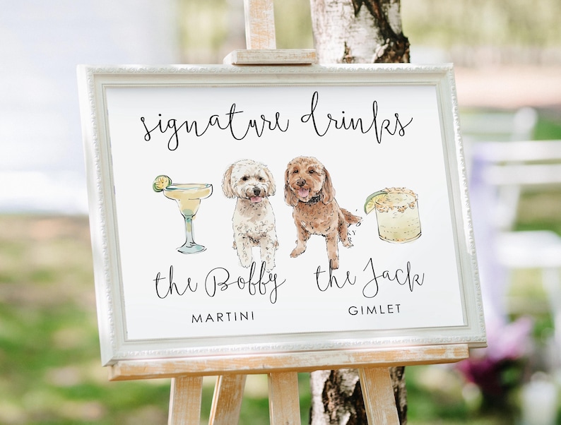 wedding frame with digital watercolor portrait of two dogs and signature drinks, martini and gimlet