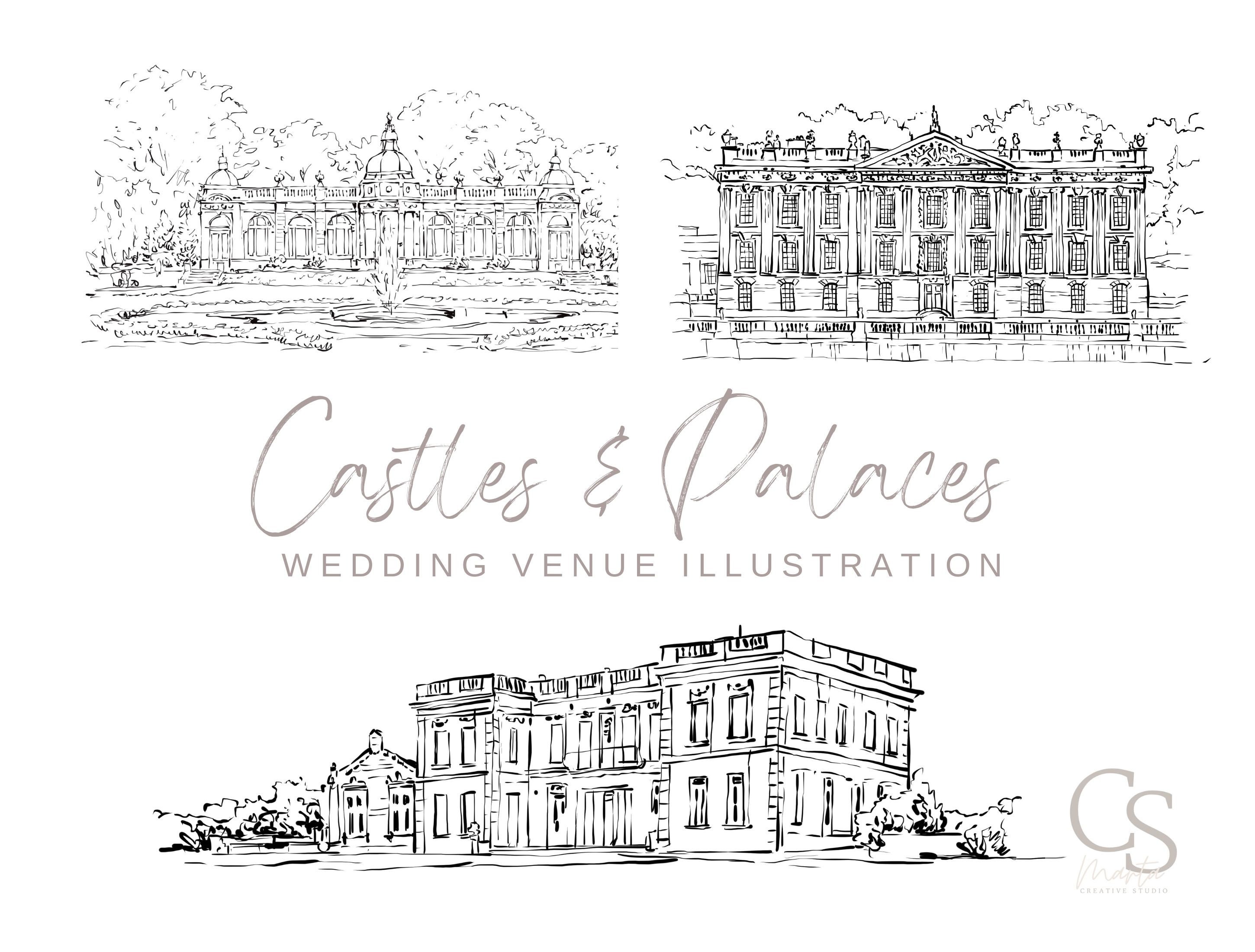 Hand Drawn Venue Illustration, Castle Drawing, Palace Drawing, Personalised Wedding Gift, Wedding Venue Sketch, Wedding Venue Drawing
