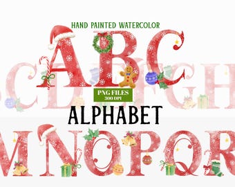 Christmas alphabet, PNG, watercolor hand drawn Christmas letters with decor
