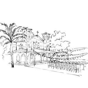 Illustratie trouwlocatie, aangepaste locatieschets van foto, trouwtekening, architectuurschets
