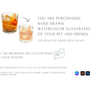 May include: Hand-drawn watercolour illustration of two glasses of cocktails. The text "YOU ARE PURCHASING HAND DRAWN WATERCOLOUR ILLUSTRATION OF YOUR PET AND DRINKS FOR SIGNATURE DRINKS MENU DESIGN" is written in black text on a white background. The text "ALL THE DRAWINGS ARE CUSTOM MADE ON YOUR DEMAND" is written in black text on a white background. The text "UNIQUE DRAWINGS WHICH YOU COULD USE FOR MANY DESIGNING PURPOSES PNG & PDF FILES - YOU COULD USE IN CANVA, ADOBE ILLUSTRATOR OR PHOTOSHOP DESIGN" is written in black text on a white background. The text "Ai Ps" is written in black text on a white background.