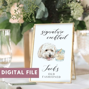wedding sign with watercolor dog portrait and signature drink