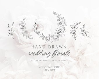 Custom Hand-Drawn Wedding Floral Wreath (Digital Download)