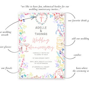 May include: A whimsical wedding anniversary invitation with floral and illustrated elements. The invitation features the names "Adelle & Thomas" and the date "April 26th, 2026". Decorative elements include a cake, glasses, and a barn illustration.