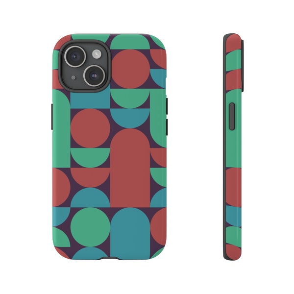 Protective aesthetic phone case colorful modern geometric retro green, blue, and red iPhone, Samsung Galaxy, Google pixel covers