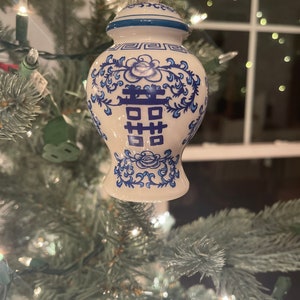 Blue and White Double Happiness Ginger Jar Christmas Tree Ornament  | Grandmillennial | Chinoiserie | Granny Chic