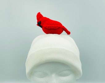 Handmade Knitted Beanie with Cardinal Bird – Whimsical Winter Hat, Christmas gift for all