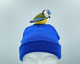 Hand-Knitted Ukrainian Beanie with Blue Tit Bird — Cozy, Unique & Full of Heart