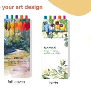 May include: Two designs for personalized stationery featuring watercolor illustrations. The first design shows a colorful fall leaves scene with the text "Isabella" and a Thanksgiving message. The second design shows a group of birds perched on a branch with the text "Marshal" and a message of thanks.