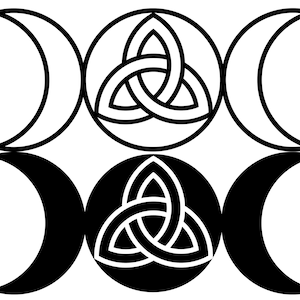 Può includere: Illustrazione in bianco e nero di un simbolo di luna tripla con un nodo celtico al centro.