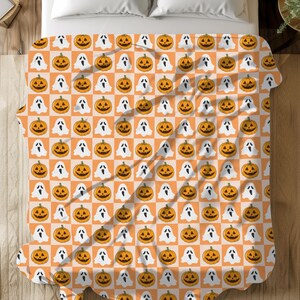 Halloweendeken Seizoensgebonden plaid - Ghost Pumpkin Dambordontwerp - Zacht polyester, gezellig herfstdecor, meerdere maatopties