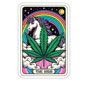 Pegatina de fumeta - Pegatina de la carta del tarot más alta - Pegatina divertida del tarot - Pegatina de cannabis - Pegatina para botella de agua - Regalo para fumeta, pegatina de marihuana