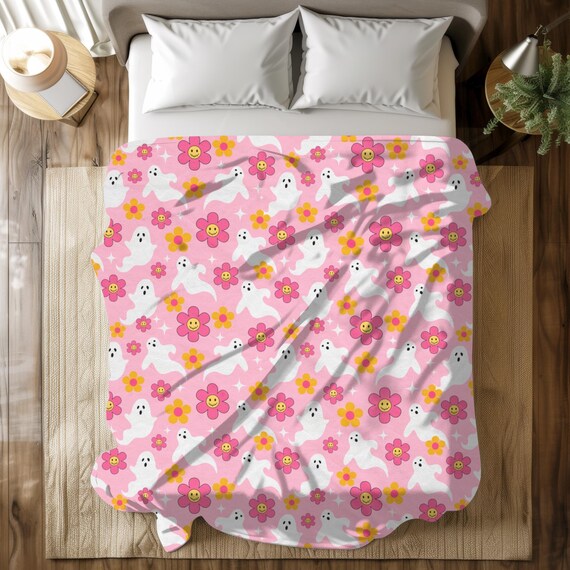 Pink Ghost Blanket - Cozy Halloween Throw - Retro Floral Pattern, Medium Weight Polyester Blend, 50x60 in