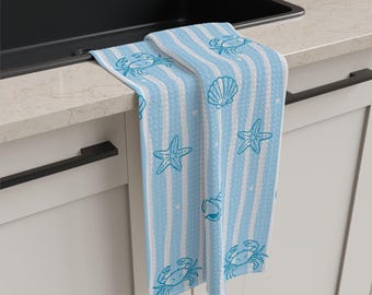 Paño de cocina costero, decoración del océano azul, toalla náutica para casa de playa, estampado de caparazón de tortuga marina, decoración de baño de verano, decoración de cocina de verano