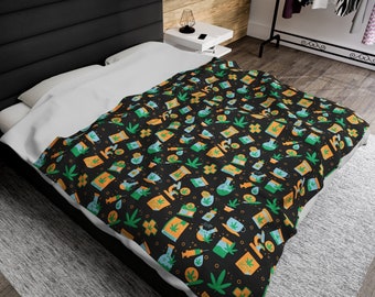 May include: A black and white duvet cover with a repeating pattern of green marijuana leaves, orange pills, and blue vials. The pattern is on a black background.