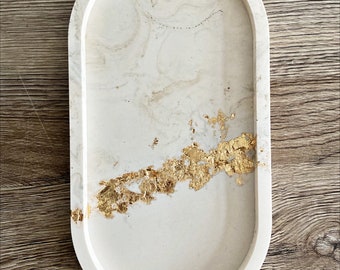 Decorative Oval tray (GOLD LEAF half and half marble or plain) Trinket tray, bathroom accessory Gift for her, birthday gift, Home gift